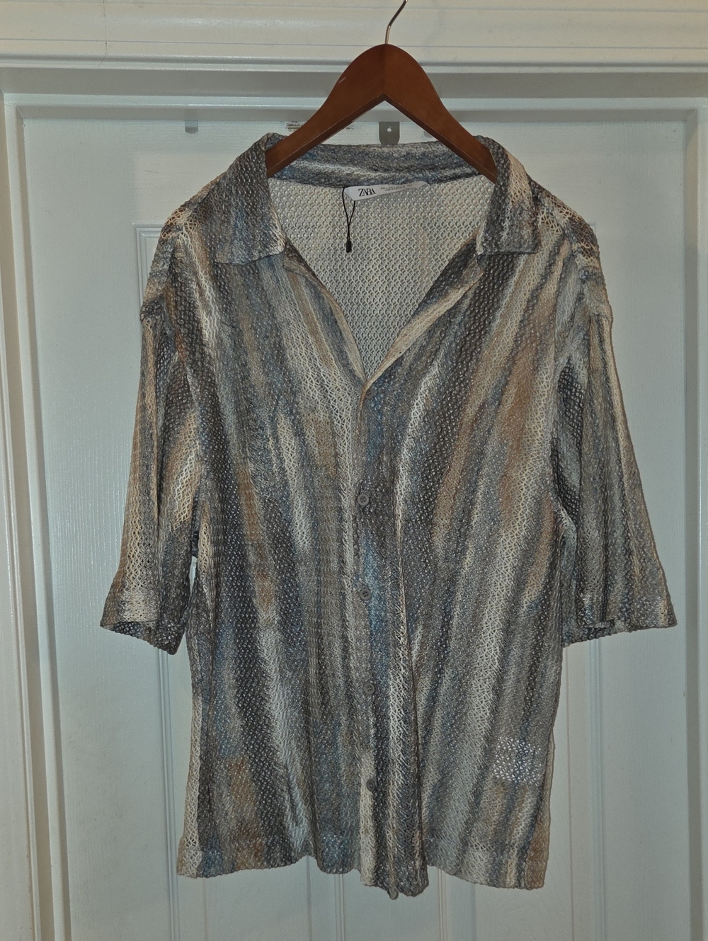 Zara 100% Cotton Open Knit Crochet Mesh Shirt Resort Wear Size L 7505/310/707